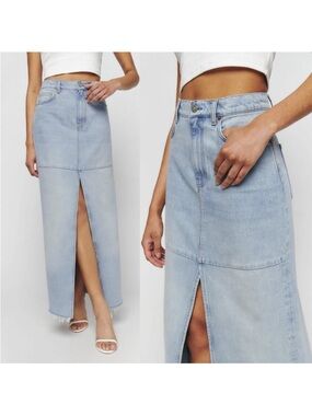 Reformation Tazz Light Wash Denim Maxi Skirt Center Slit 28 6